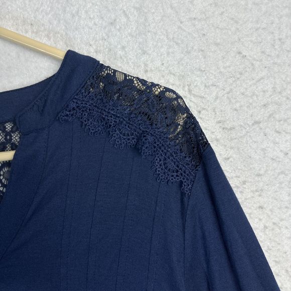 NY Collection Blouse Women P Large Blue 1/4 Button Up Mesh Insert Long Sleeve - Picture 3 of 11